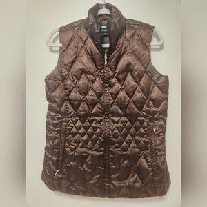 Brown Land's End Vest Cozy Goose Down Satin Quilted Feathers XS So Comfy!